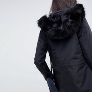 Zara Black Jacket with Detachable Vest and faux Fur on the Hood in Size Small